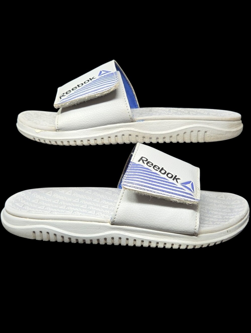 Kids Reebok Gray Slide Sandals with Blue Accent